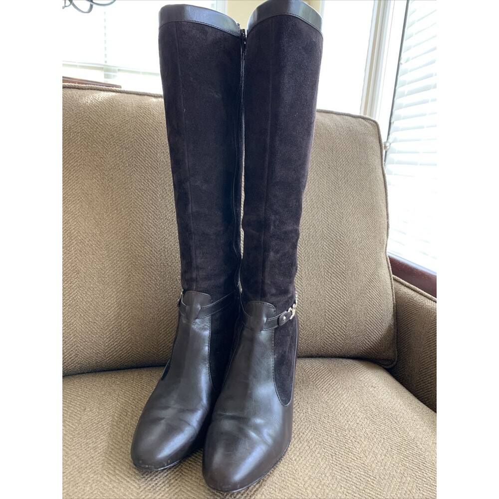 Ann Taylor Brown Leather Knee High Ankle Chain Detail Boots 8M